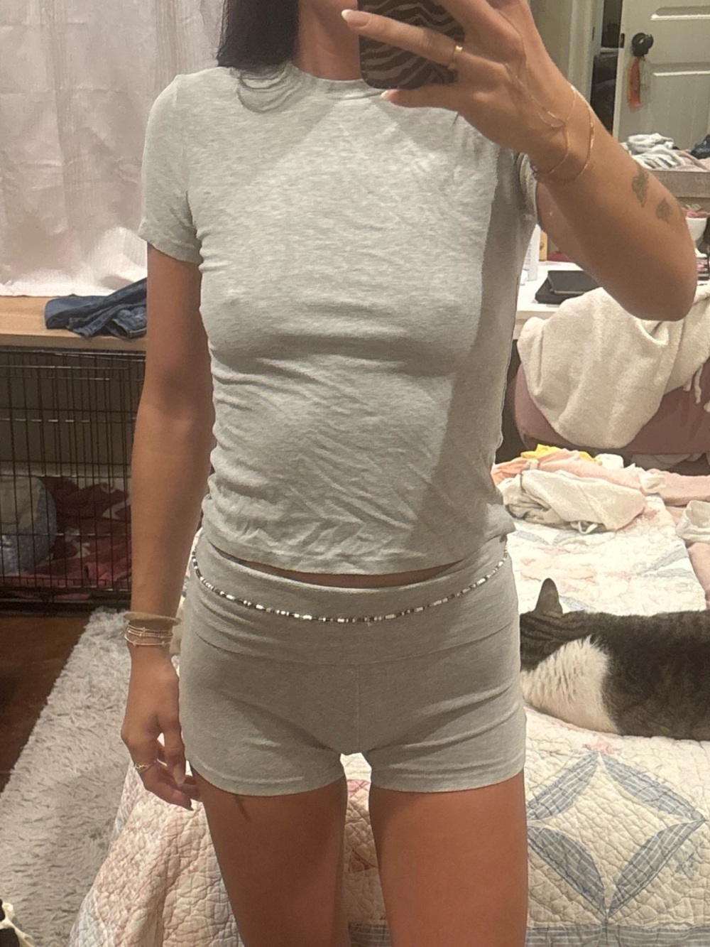 Gray Short Sleeve Lounge Set - Top & Shorts